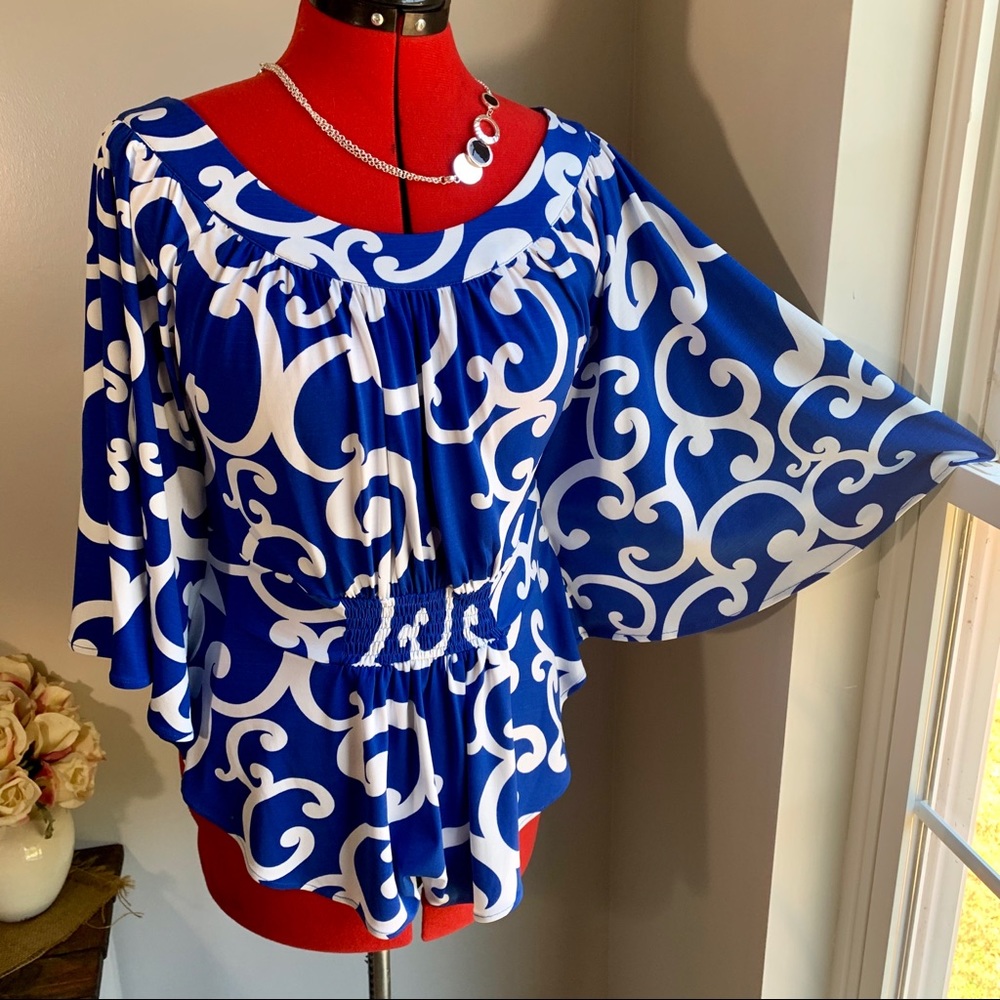 THEME Blue and White Drape Batwing Sleeve Blouse - Picture 1 of 16